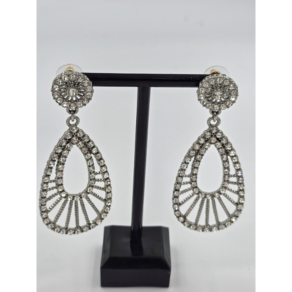 Sparkling Clear Rhinestone Dangle Earrings Silver Tone Teardrop Fashion Jewelry - Picture 12 of 16